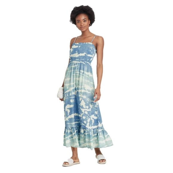Knox Rose Sleeveless Blue & White Print Tiered Maxi Knit Sun Dress -- Size Small - Picture 1 of 7